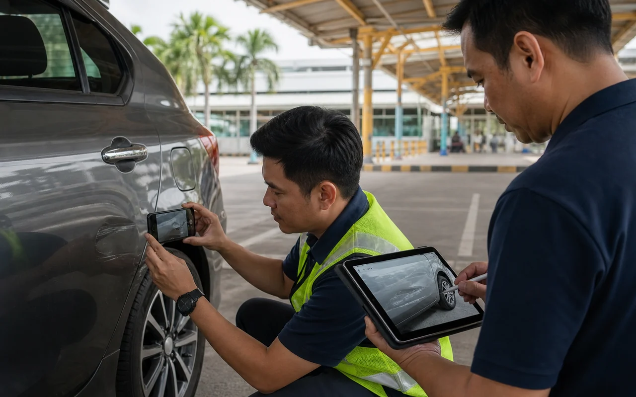 Pembantu survey merakam foto dan merekod kerosakan kenderaan yang kelihatan