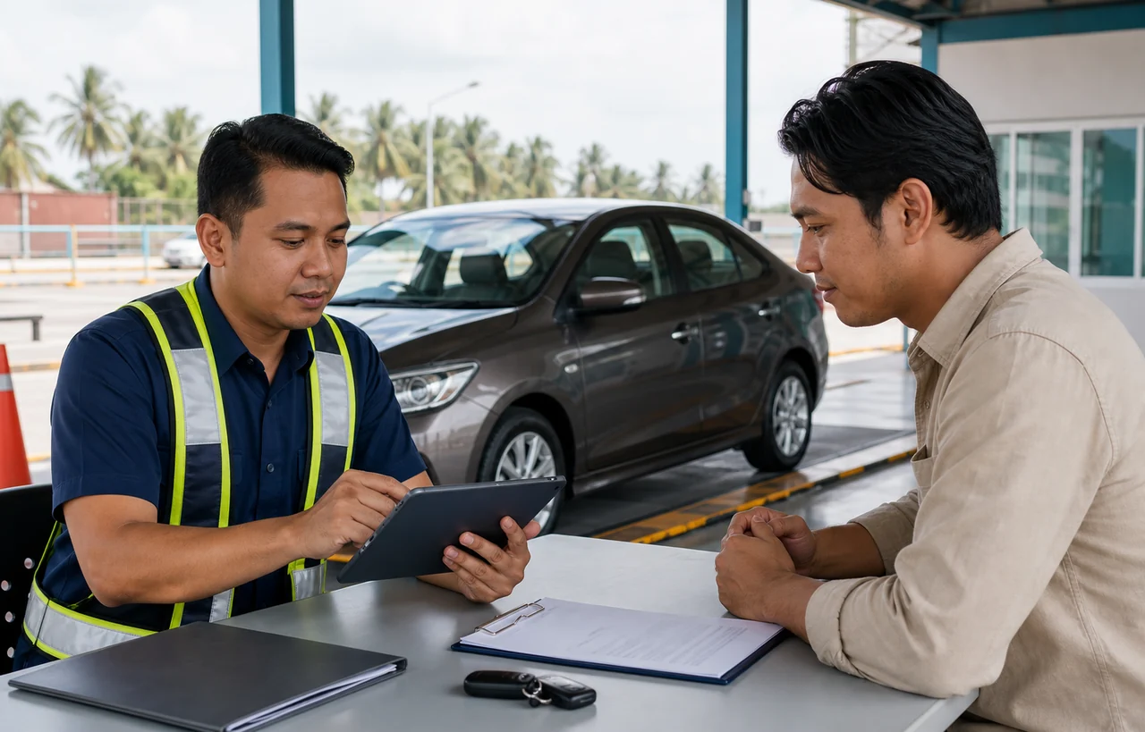 Pemilik kenderaan menyemak nilai diisytihar bersama pegawai terminal