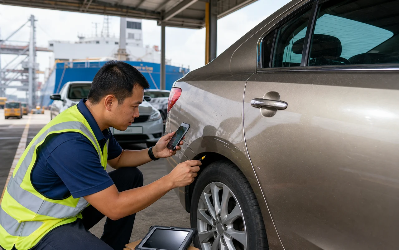 Surveyor merekod calar sedia ada pada kenderaan terpakai