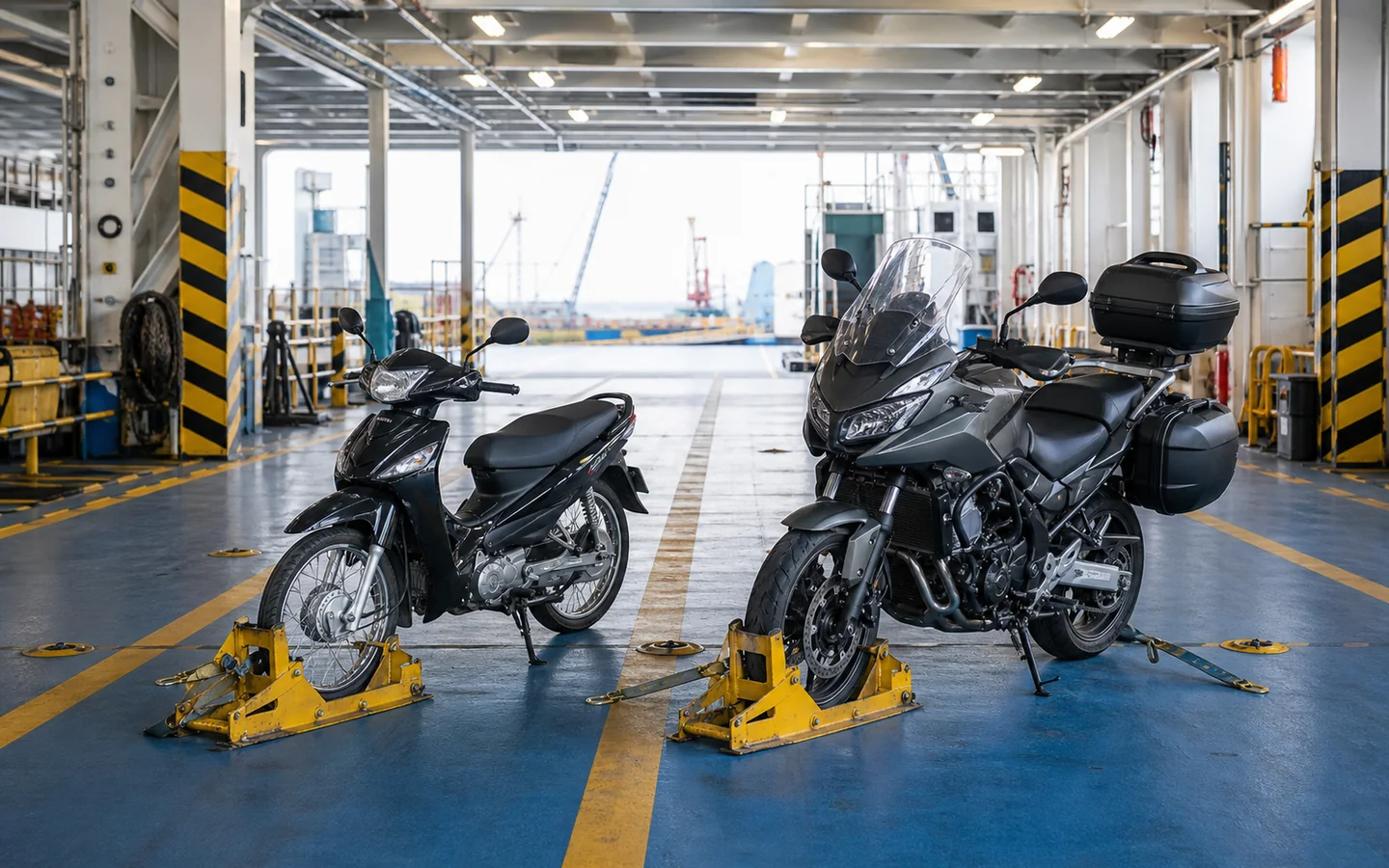 Motosikal diikat pada dek kapal RORO