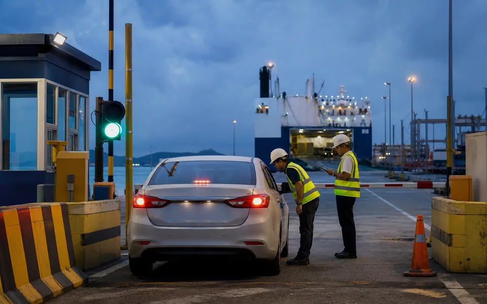 Kenderaan melalui pemeriksaan akhir di pintu terminal sebelum cut-off