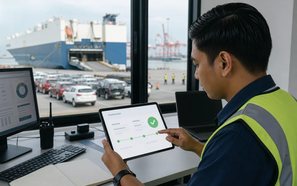 Penyelaras logistik menyemak status penghantaran yang disahkan
