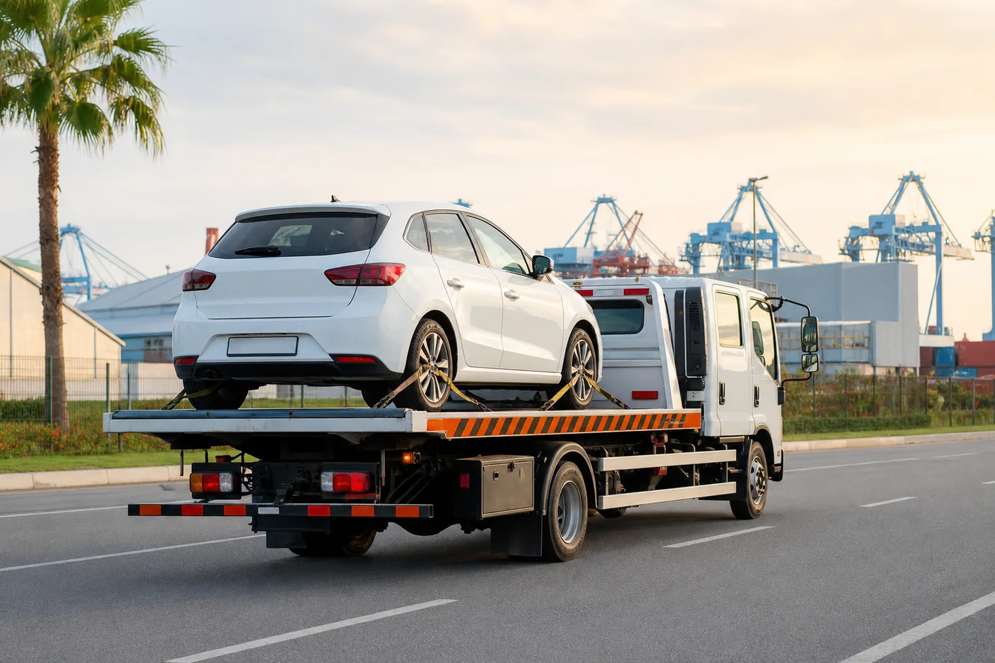Kereta diikat pada towing flatbed untuk pergerakan darat pilihan